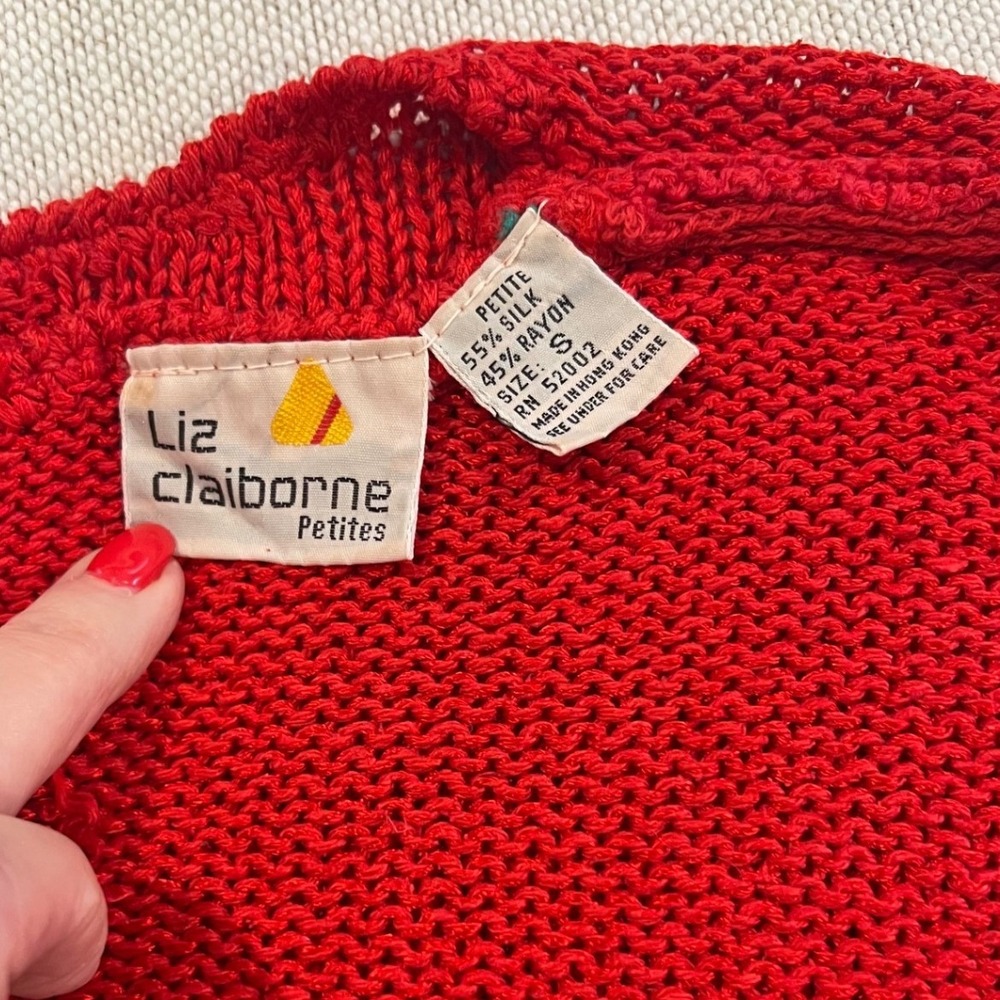 Vintage Liz Claiborne Sweater Women's Petite S Red Silk Blend Cable Button Back - Picture 3 of 8